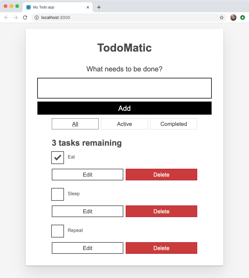 Unsere To-do-Listen-App, jetzt mit unterschiedlichen Überprüfungszuständen - einige Kontrollkästchen sind ausgewählt, andere nicht